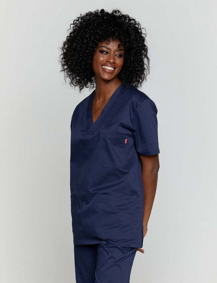 Unisex stretch μπλούζα με λαιμό βε, από σύμμικτη soft touch ελαστική καμπαρντίνα, Velilla, Kong-535206S, NAVY BLUE