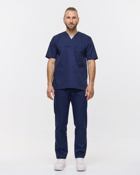 Unisex σετ, (Scrub) μπλούζα με λαιμό βε και παντελόνι με ελαστική μέση και 3 τσέπες, KANE., ΜΠΛΕ ΣΚΟΥΡΟ