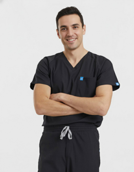 Cool n Soft unisex, stretch μπλούζα, με βε λαιμόκοψη και μία τσέπη στο στήθος, Wio, Jogger Top-1, ΜΑΥΡΟ