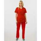 Γυναικείο σετ, (Scrub) μπλούζα με λαιμό βε και παντελόνι με ελαστική μέση και 3 τσέπες σε κόκκινο χρώμα,MONDAI