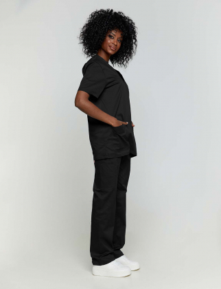 Unisex σετ, (Scrub) μπλούζα με λαιμό βε και παντελόνι από σύμμικτη soft touch ελαστική καμπαρντίνα, Velilla, KongFudji, BLACK