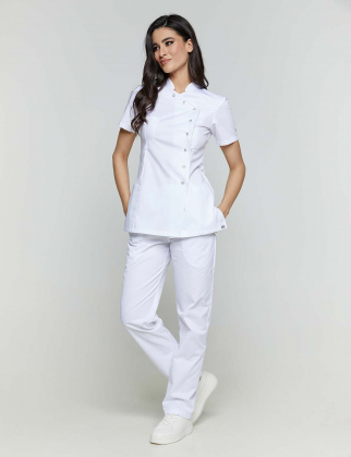 Γυναικεία στολή, σακάκι ασύμμετρο με κοντό μανίκι και παντελόνι σε λευκό χρώμα,250W+322W