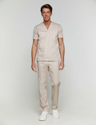 Unisex σετ, (Scrub) μπλούζα με λαιμό βε και παντελόνι από σύμμικτη soft touch ελαστική καμπαρντίνα, Velilla, KongFudji, LIGHT BEIGE