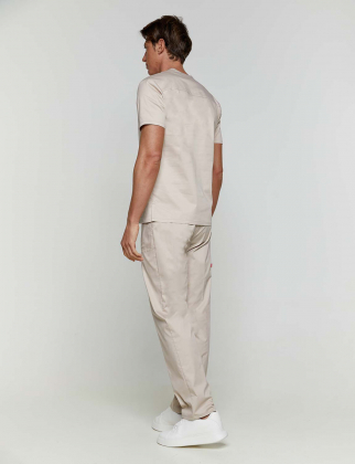Unisex σετ, (Scrub) μπλούζα με λαιμό βε και παντελόνι από σύμμικτη soft touch ελαστική καμπαρντίνα, Velilla, KongFudji, LIGHT BEIGE