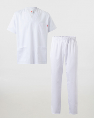 Unisex σετ, (Scrub), μπλούζα με λαιμό βε και παντελόνι με ελαστική μέση και τσέπη πίσω, Velilla, CameaNargi, WHITE