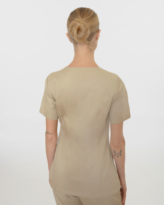 Γυναικεία μπλούζα με λαιμό βε από σύμμικτη καμπαρντίνα, Cassandra-2033.17, ΜΠΕΖ/ΛΕΥΚΟ