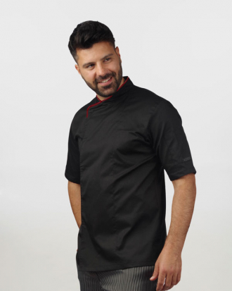 Μαγειρική μπλούζα με beltholder, διάτρητη πλάτη και κοντό μανίκι, DENNIS-1116.1.17, ΜΑΥΡΟ/ΜΠΟΡΝΤΟ