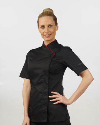 Γυναικείο σακάκι μαγειρικής με beltholder,διάτρητη πλάτη και κοντό μανίκι, JANIS-2116.1.17, ΜΑΥΡΟ/ΜΠΟΡΝΤΟ