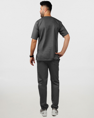 Unisex σετ (Scrub) μπλούζα με λαιμό βε και παντελόνι με ελαστική μέση και 3 τσέπες σε σκούρο γκρι χρώμα,KENKO