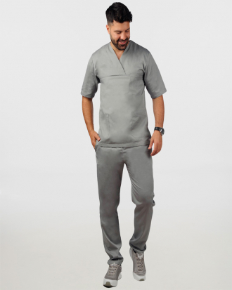 Unisex σετ (Scrub) μπλούζα με λαιμό βε και παντελόνι με ελαστική μέση και 3 τσέπες σε ανοιχτό γκρι χρώμα,KENKO