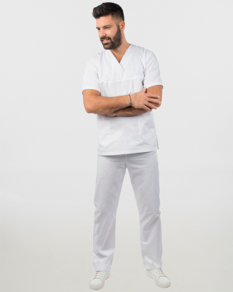 Unisex σετ (Scrub) μπλούζα με λαιμό βε και παντελόνι με ελαστική μέση και 3 τσέπες σε λευκό χρώμα,KENKO