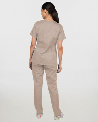 Γυναικείο σετ, (Scrub) μπλούζα με λαιμό βε, φιτίλι και παντελόνι με ελαστική μέση και 3 τσέπες σε μπεζ χρώμα,MONDAI