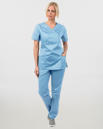 Γυναικείο σετ, (Scrub) μπλούζα με λαιμό βε και παντελόνι με ελαστική μέση και 3 τσέπες σε σιέλ χρώμα,MONDAI