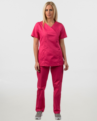 Γυναικείο σετ, (Scrub) μπλούζα με λαιμό βε και παντελόνι με ελαστική μέση και 3 τσέπες σε φούξια χρώμα,MONDAI
