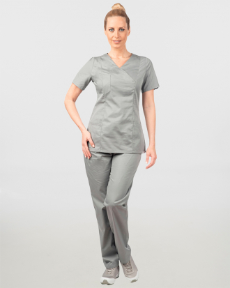 Γυναικείο σετ, (Scrub) μπλούζα με λαιμό βε και παντελόνι με ελαστική μέση και 3 τσέπες σε ανοιχτό γκρι χρώμα,MONDAI