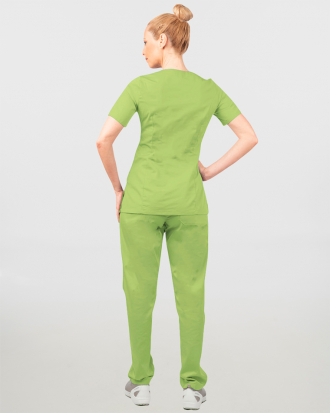 Γυναικείο σετ, (Scrub) μπλούζα με λαιμό βε και παντελόνι με ελαστική μέση και 3 τσέπες σε λαχανί χρώμα,MONDAI