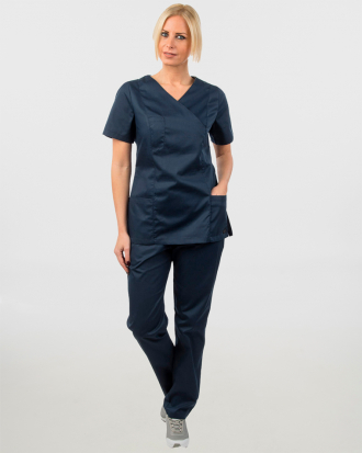 Γυναικείο σετ, (Scrub) μπλούζα με λαιμό βε και παντελόνι με ελαστική μέση και 3 τσέπες NAMI, ΜΠΛΕ ΣΚΟΥΡΟ