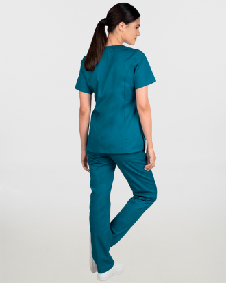 Γυναικείο σετ, (Scrub) μπλούζα με λαιμό βε και παντελόνι με ελαστική μέση και 3 τσέπες σε πετρόλ χρώμα,MONDAI