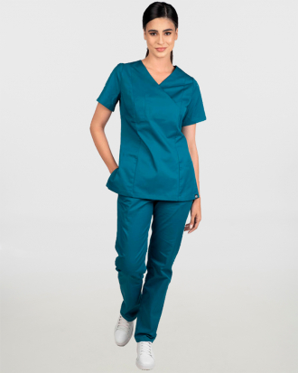 Γυναικείο σετ, (Scrub) μπλούζα με λαιμό βε και παντελόνι με ελαστική μέση και 3 τσέπες σε πετρόλ χρώμα,MONDAI
