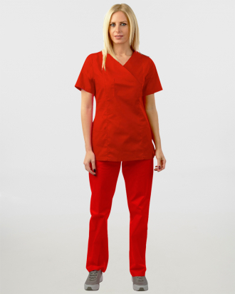 Γυναικείο σετ, (Scrub) μπλούζα με λαιμό βε και παντελόνι με ελαστική μέση και 3 τσέπες σε κόκκινο χρώμα,MONDAI