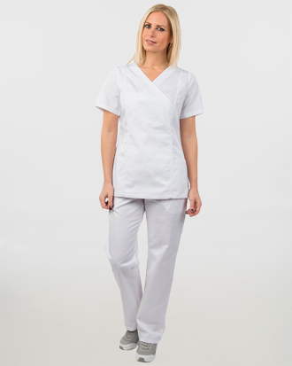 Γυναικείο σετ, (Scrub) μπλούζα με λαιμό βε και παντελόνι με ελαστική μέση και 3 τσέπες σε λευκό χρώμα,MONDAI