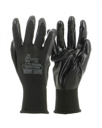 Μαύρα πολυεστερικά γάντια με επένδυση νιτριλίου, χωρίς ραφές, για ελαφριές και ήπιες εργασίες της Safety Jogger, Superpro, ΜΑΥΡΟ
